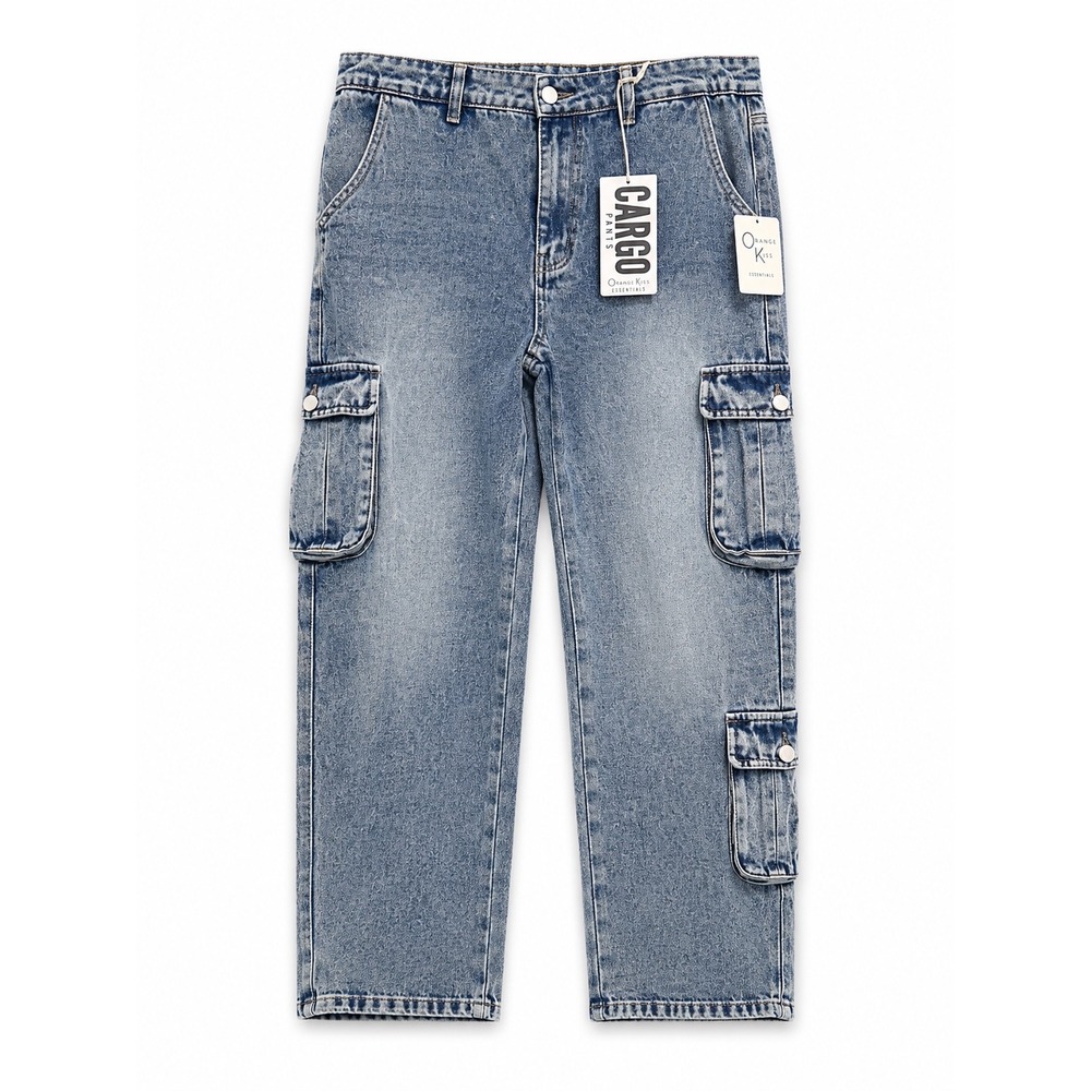 Orange Kiss Essentials Womens Acid Wash Blue Cargo Pants Relaxed Straight Leg L